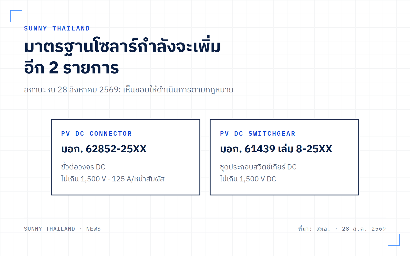 มาตรฐานโซลาร์เซลล์สำหรับขั้วต่อ PV DC และตู้ switchgear DC อยู่ระหว่างขั้นตอนกฎหมาย